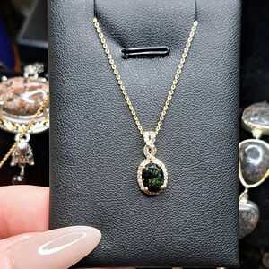 Chrome (Green) Tourmaline and White Zircon Halo Pendant Necklace
